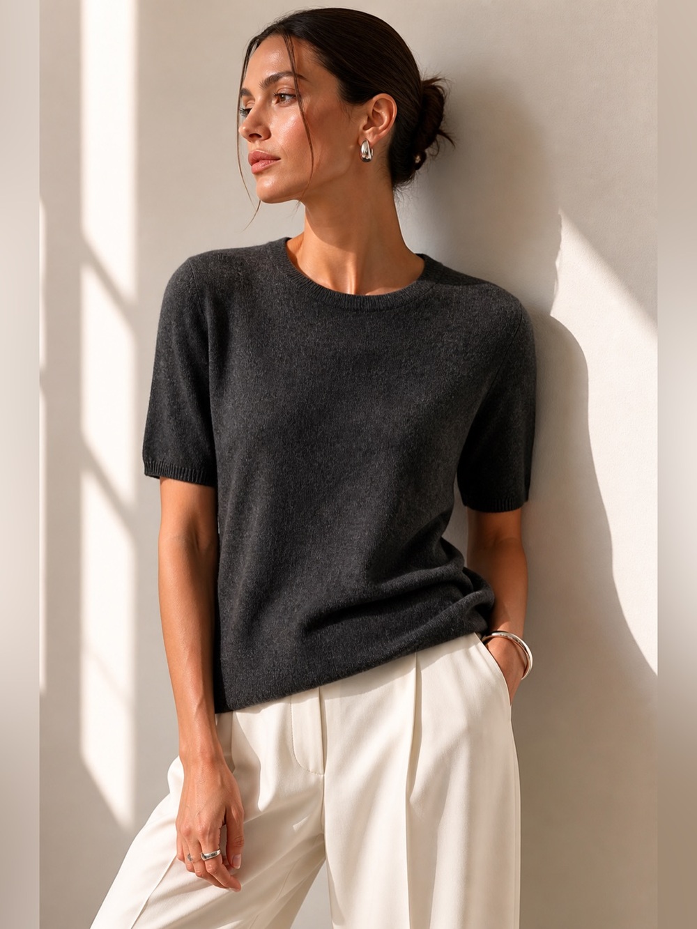 HAWICK Cashmere Scotland Charcoal Gray Cashmere Knit Top Minimalist Luxury